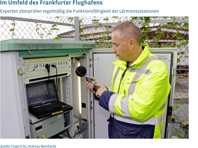 Lärmexperten am Flughafen Frankfurt stellen kontinuierlich den funktionsfähigen Zustand der Lärmmessstationen sicher.